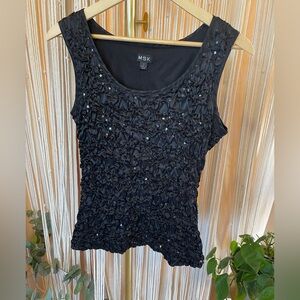 Vintage black textured MSK sequin tank top evening top ruffled ribbon texture